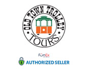 Logo for Old Town Trolley Tours, featuring a circular emblem with a vintage orange and green trolley illustration in the center. Above it says Old Town Trolley and below it says Tours, all surrounded by a double border. Beneath the emblem is the FunEx logo with a small padlock icon on its left and the text Authorized Seller to the right.