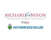 This image features a logo for the Richard Nixon Presidential Library and Museum at the top, with stylized text that reads "Richard Nixon" in red script, followed by "PRESIDENTIAL LIBRARY AND MUSEUM" in smaller blue capital letters. Below this, there is a seal representing FunEx with an image of a lock that is green and has a smiling face, indicating it’s a secure and approved partner. Next to the seal, the text "AUTHORIZED SELLER" is present in black capital letters. At FunEx.com, enjoy the convenience of finding the lowest prices and significant savings on tickets for a variety of experiences.