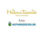 Logo with Madame Tussauds Hollywood funex.com and authorized seller icons in orange, black, green, blue, and grey on a white background