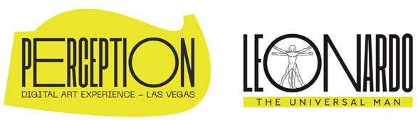 Image displaying two logos side by side. On the left, the logo showcases the word 'PERCEPTION' in bold black font on a yellow background with the subtitle 'DIGITAL ART EXPERIENCE - LAS VEGAS' in smaller font. On the right, the logo includes the name 'LEONARDO' over a stylized drawing reminiscent of the Vitruvian Man, followed by 'THE UNIVERSAL MAN' in a serif font. The backgrounds for both logos blend into the white of