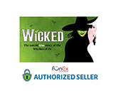 Image displays a promotional graphic for 'Wicked,' featuring a stylized silhouette of a witch in profile with green skin and a black hat against a lime background. White text reads the musical's title and 'The untold true story of the witches of Oz.' A logo at the bottom confirms 'FunEx' as an authorized seller.