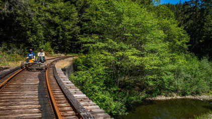 Image Description: This is a vibrant outdoor scene depicting two individuals on a small rail-riding vehicle traveling along a railroad track in a lush, verdant forest setting. The track bends gently to the right and is built alongside a calm body of water, reflecting the greenery. The surrounding trees are in full leaf, suggesting late spring or summer conditions. The bright daylight casts shadows on the railway ties, adding contrast to the scene. The two individuals seem to be enjoying the ride and the natural scenery around them.

Don't miss out on this unique adventure! Visit FunEx.com for exclusive discounts and the lowest prices on tickets to unforgettable experiences.