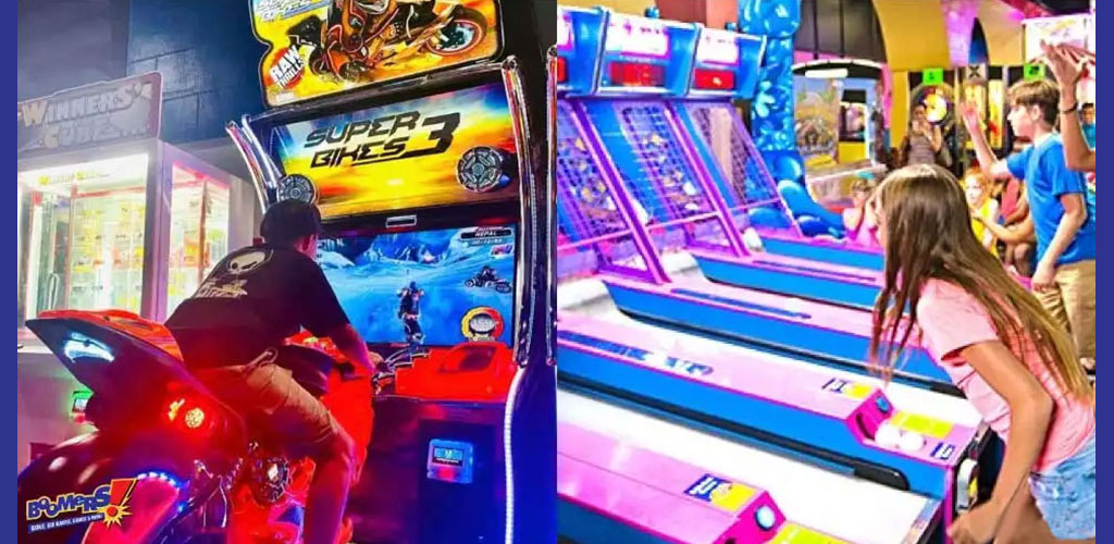 Left side depicts a person playing a motorcycle racing arcade game called Super Bikes 3, sitting on a stationary bike with bright animations on screen. Right side shows people enjoying skee-ball, rolling balls up an inclined lane towards scoring holes. The environment is vibrant with arcade lights and colors.