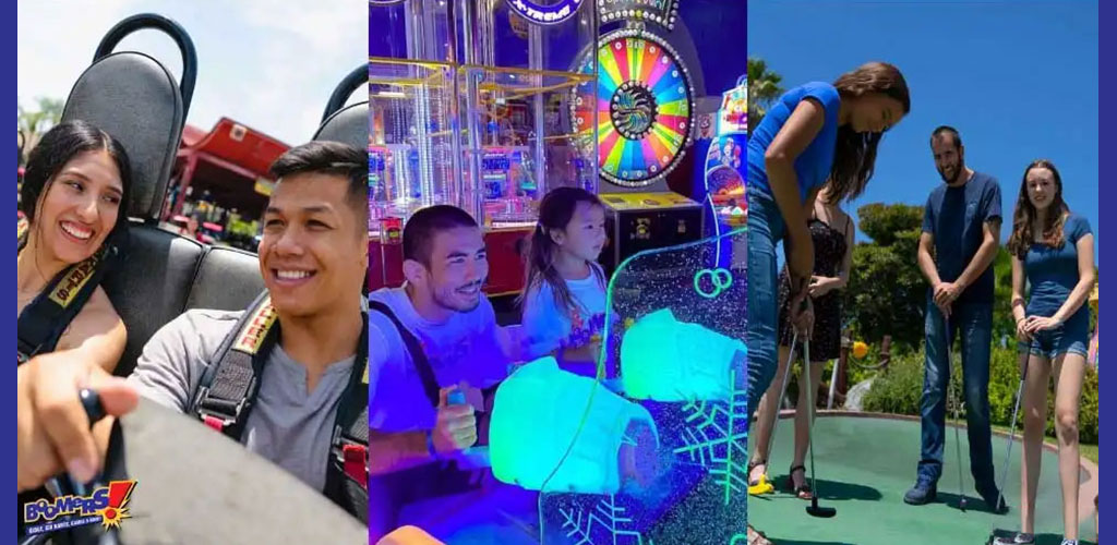 A collage of three images showcasing fun activities. On the left, a couple enjoys a sunny amusement park ride. In the center, two people play an arcade game glowing with neon blues and purples. To the right, a family is engaged in a game of mini-golf on a bright day. The logo for 'Boomers!' is visible in the bottom left.