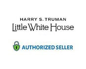The image displays a logo in shades of blue and green with textual information. It features the name 'Harry S. Truman Little White House' in a formal serif font, with 'Harry S. Truman' above the phrase 'Little White House.' Below this, there is a graphic circle with a padlock symbol and the words 'AUTHORIZED SELLER' surrounding it. The overall design conveys a sense of historical significance and official authorization.