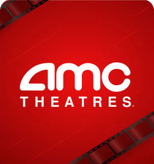 AMC Theatres logo on a red background with filmstrip accents on the edges.