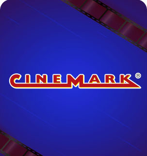 Logo of "Cinemark" in red and white on a blue background with filmstrip accents.