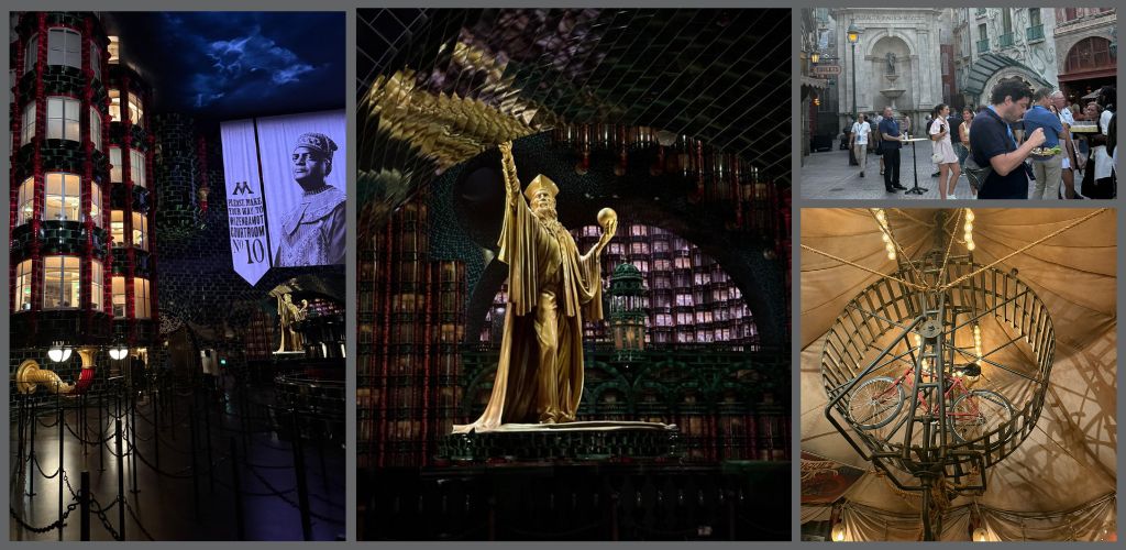 Collection of images showcasing the exterior and interior of a fun and historic building with statues, architecture, a bicycle inside a cage, and visitors exploring.