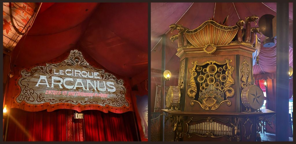 Entrance to a vintage themed theater with ornate gold and wood detailing and a large horn sculpture on top.