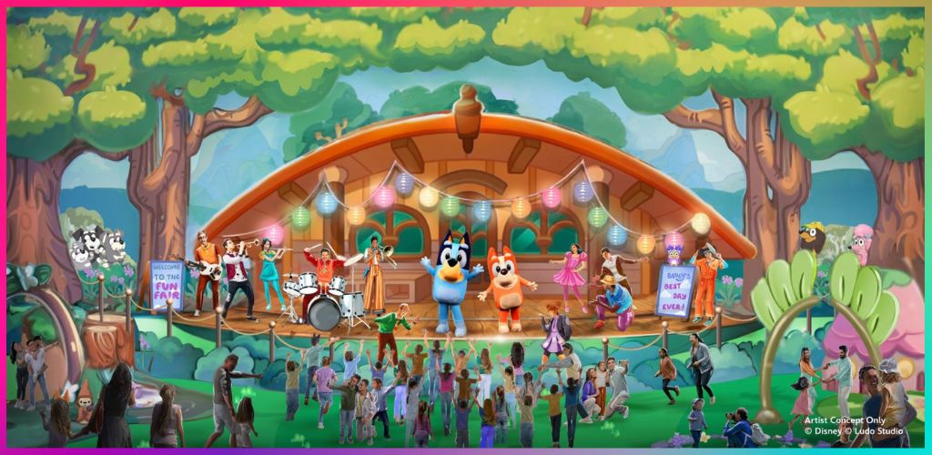 A lively outdoor stage scene with cartoon animal characters performing music and dancing in a colorful forest setting with children watching and taking photos