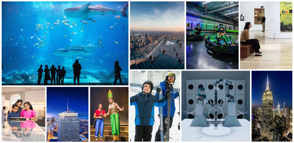 People enjoying an aquarium, rooftop view, amusement park, art gallery, children with tablets, Empire State Building, performers in costumes, and skiing in winter gear