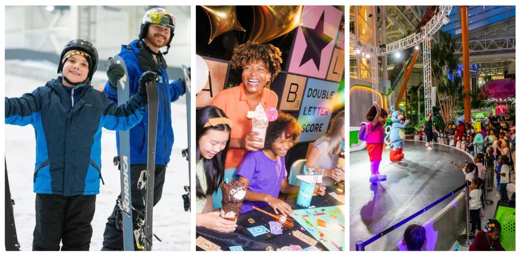Group of children and adults enjoying outdoor winter sports, a kids' birthday party with cake and games, and a lively indoor amusement event with characters and colorful lighting