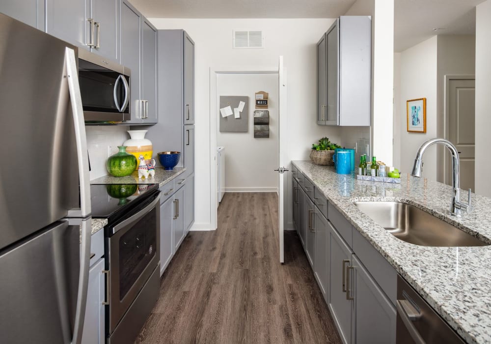 Apartment kitchen with granite counters and stainless-steel appliances at The Iris at Northpointe in Lutz, Florida
