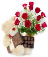 12 Red Roses with Chocolate and Teddy Bear