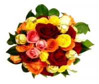 2 Dozen Multicolored Roses in a Basket with Ferrero Chocolates