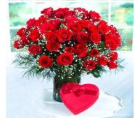 2 Dozen Red Roses in a Vase with Heart Shape Chocolate Box