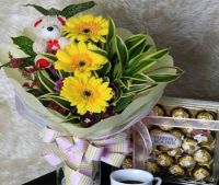 A Flowers in a Bouquet with Brown Mini Bear and Ferrero Rocher Chocolate