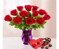 Be Mine a 1 Dozen Red Roses in a Vase with Box of Chocolates