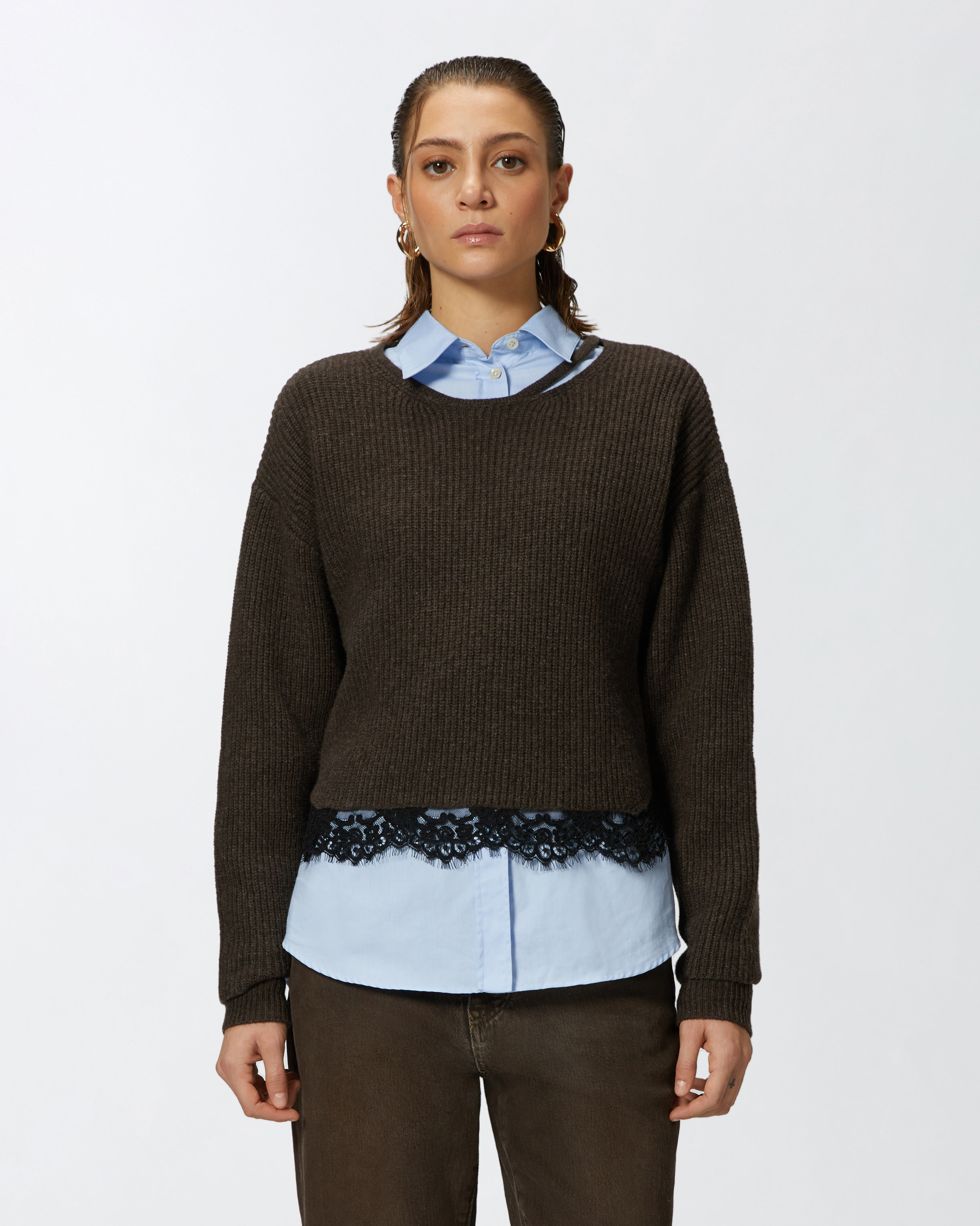 Pinko, Ribbed sweater with lace at the hem, Brown, M