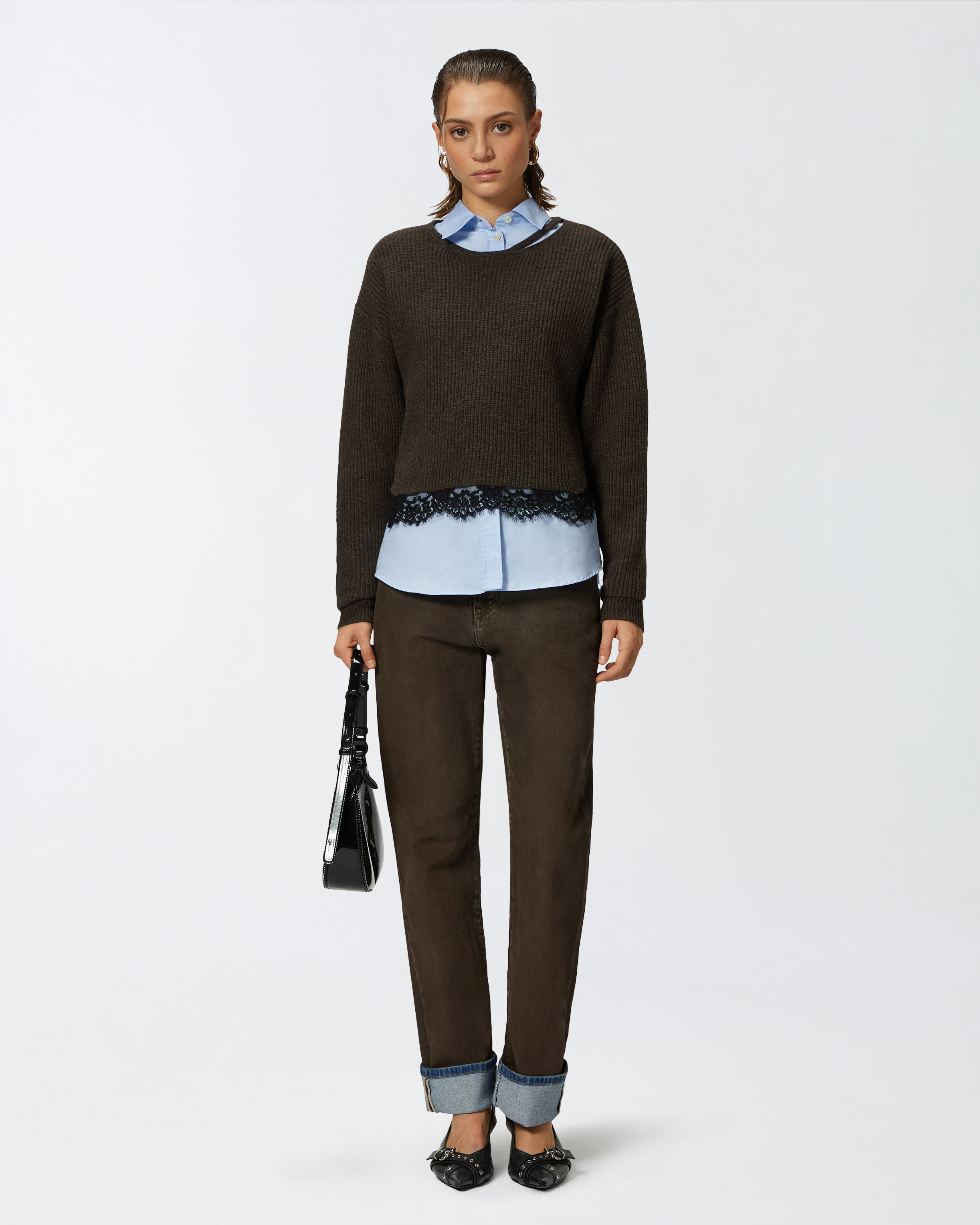 Pinko, Ribbed sweater with lace at the hem, Brown, M