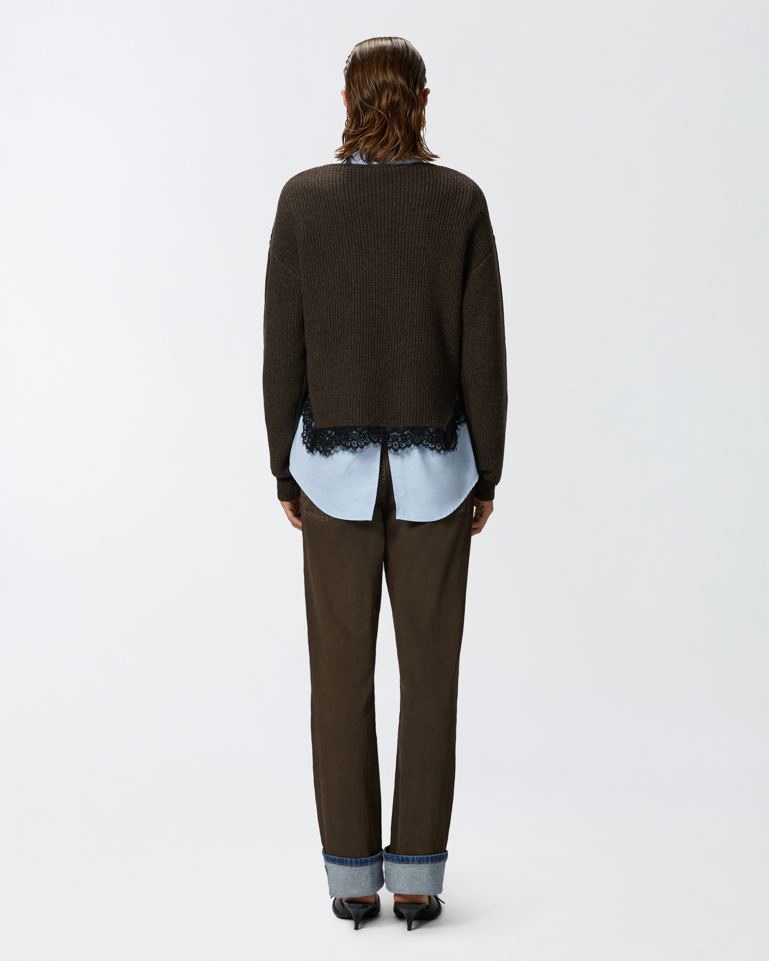 Pinko, Ribbed sweater with lace at the hem, Brown, M