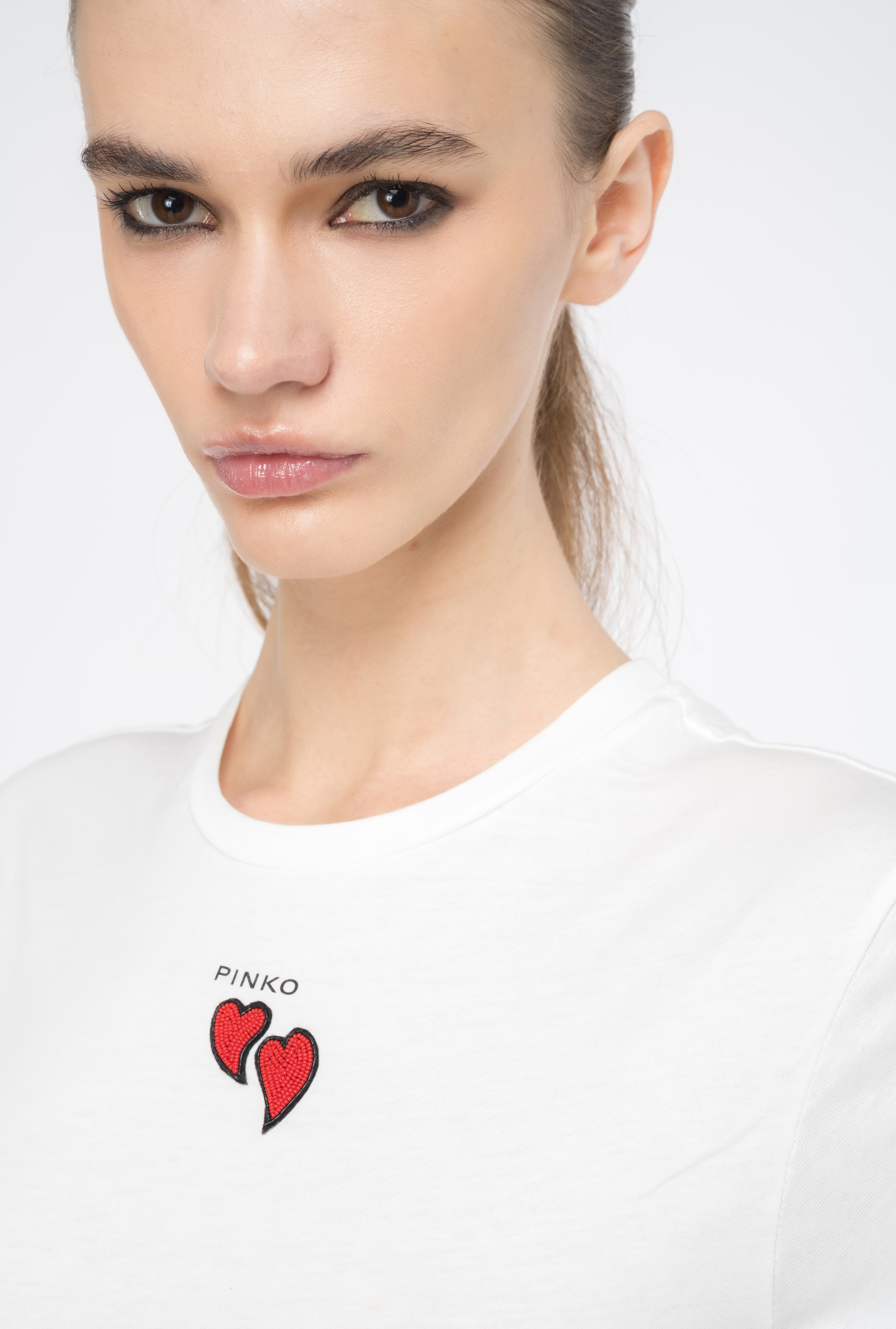Pinko, T-shirt with heart embroidery, Silk white, XS