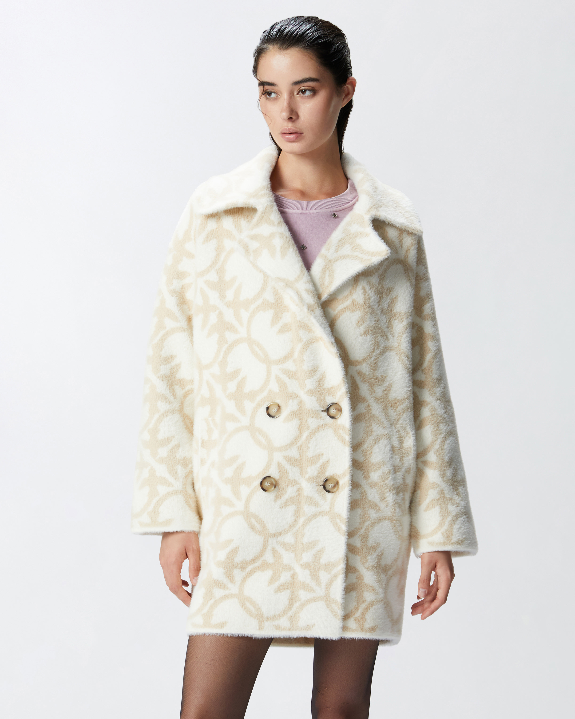 Pinko, Short faux fur coat with logo, Cream/beige, M