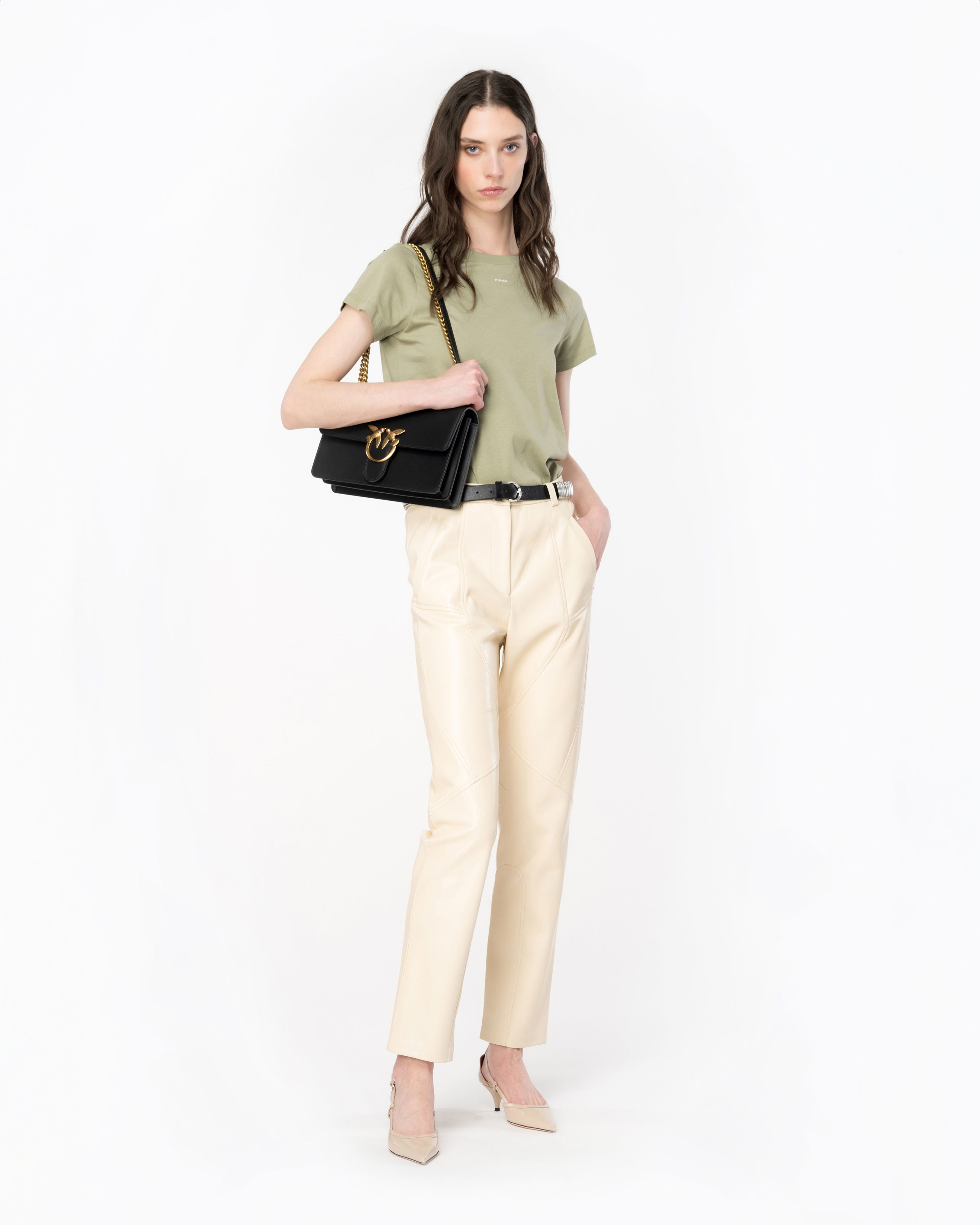 Pinko, Crinkled leather-effect trousers, Pink-novelle peach, 42