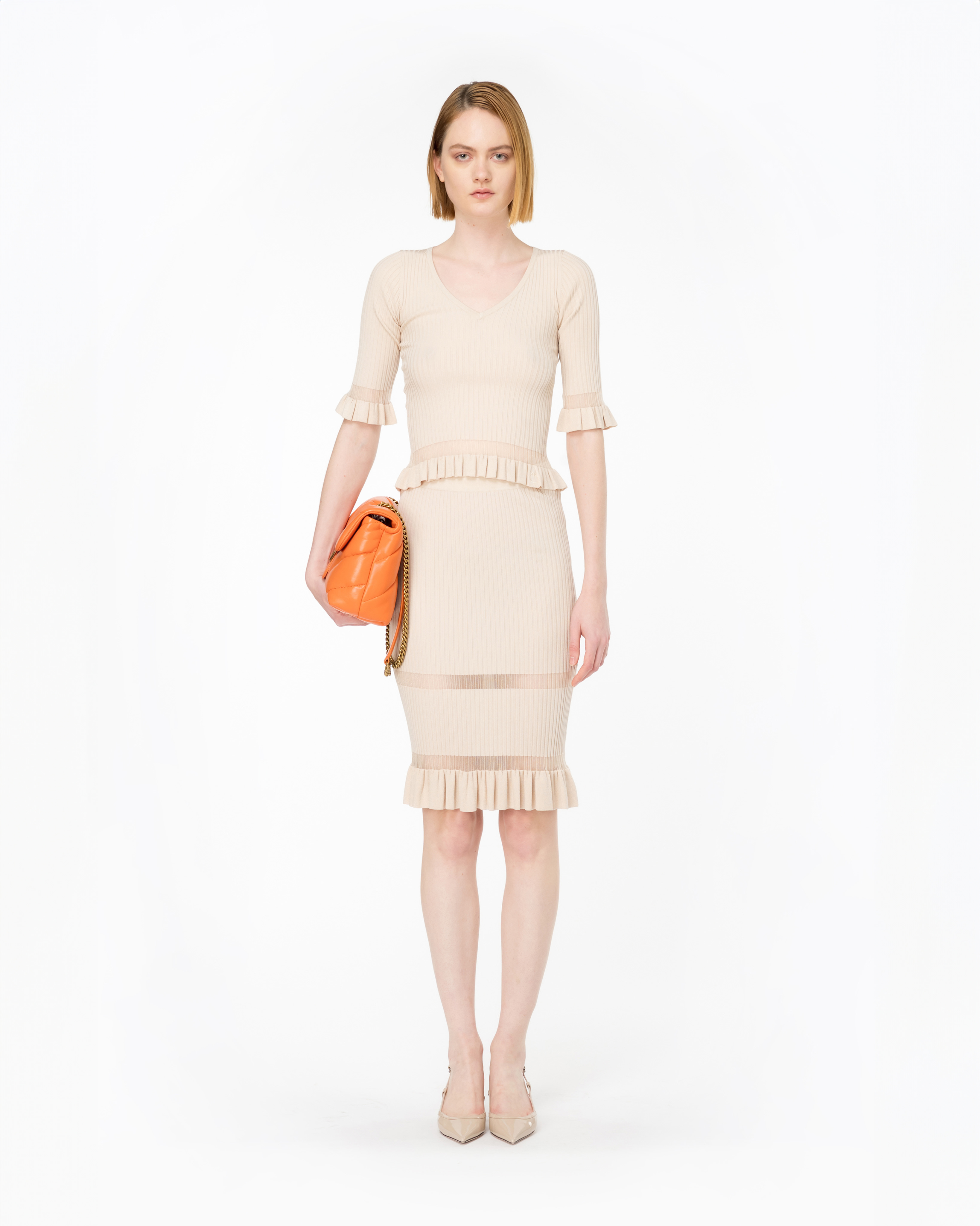 Pinko, Maglia a costine con rouches, Beige-pietra pomice, XS