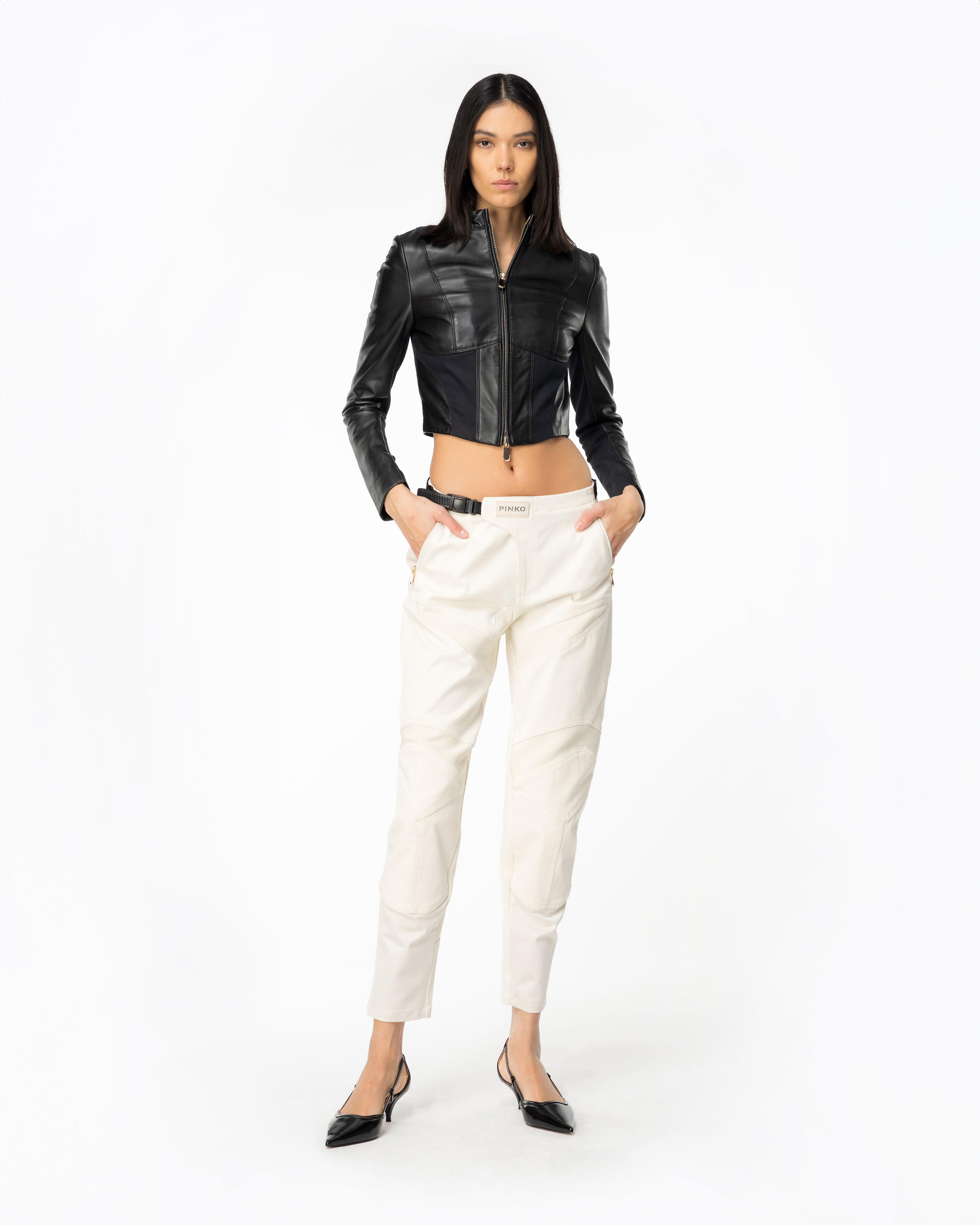PINKO レディース ブルゾン Pinko, Short leather and fabric biker jacket, Limo black, 48