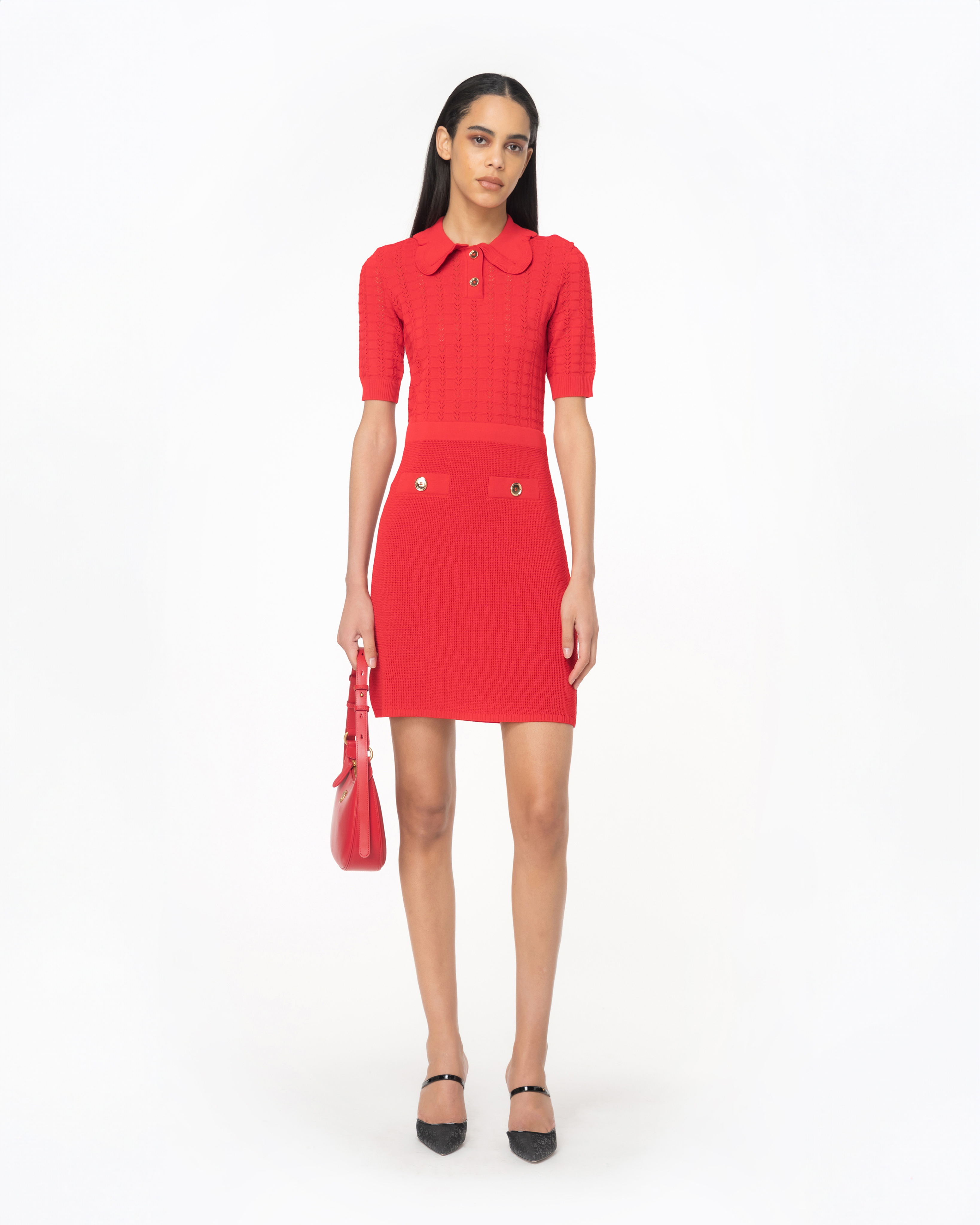 Pinko, Fan-stitched knit mini dress, Formula1 red, L