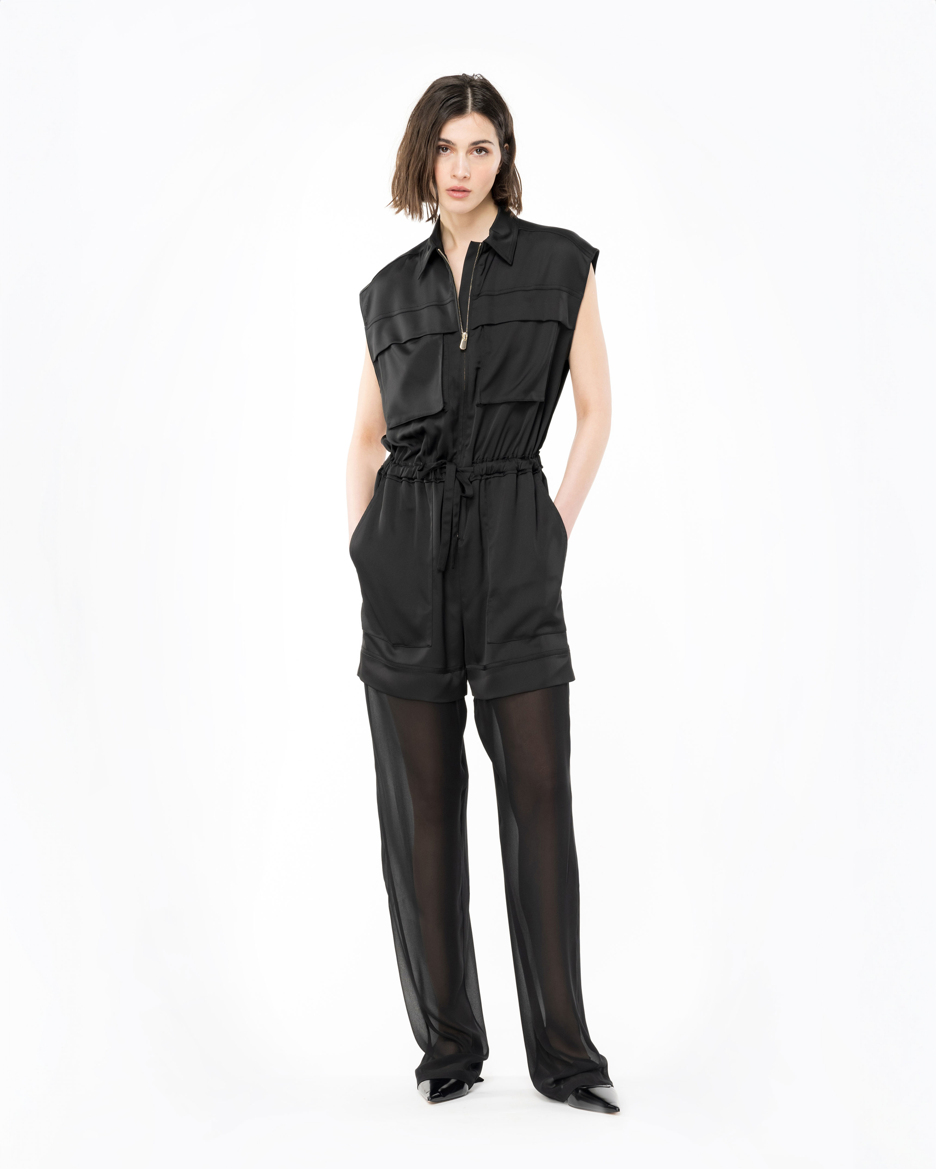 Pinko, Utility-style satin jumpsuit with georgette, Limo black, L