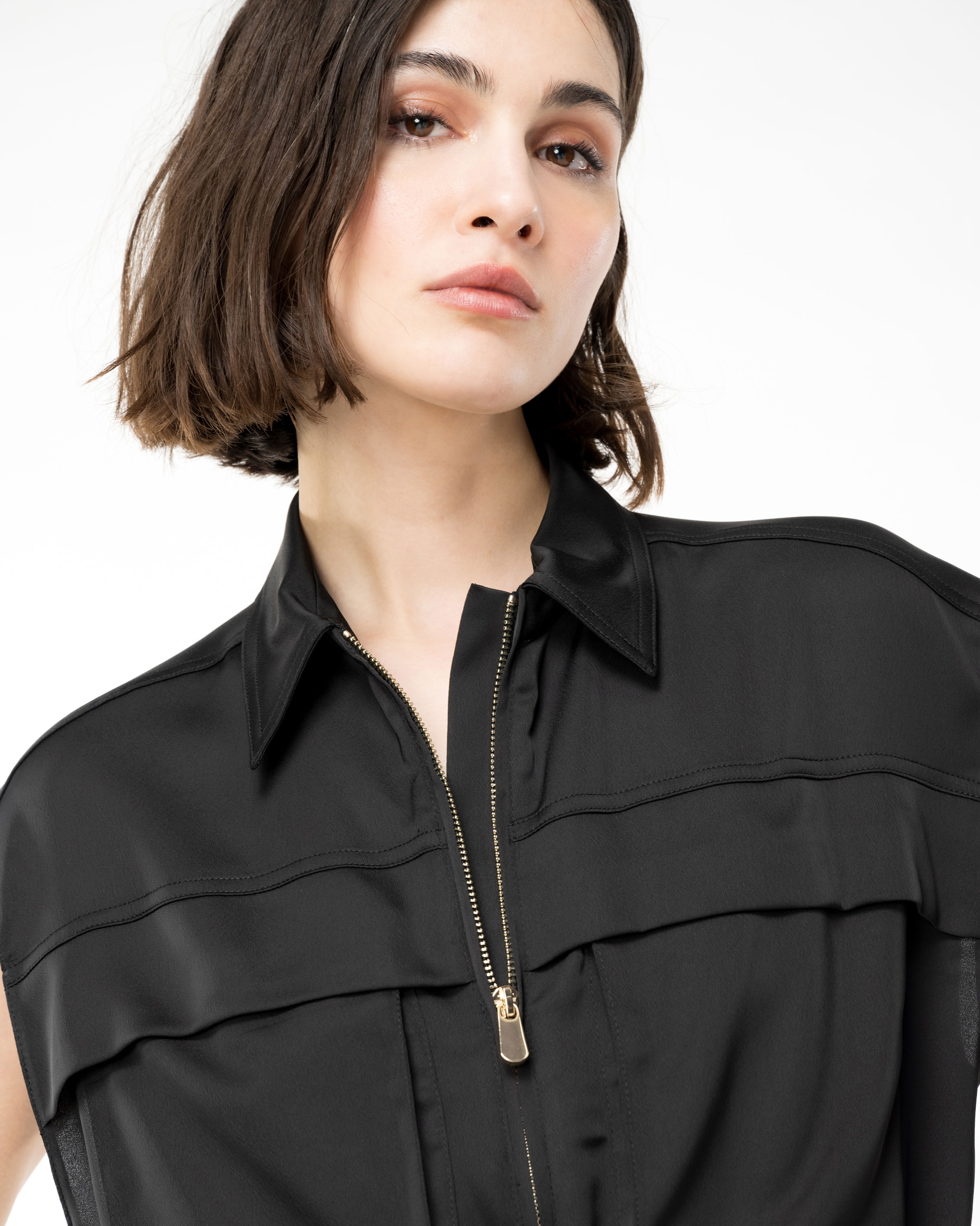 Pinko, Utility-style satin jumpsuit with georgette, Limo black, L