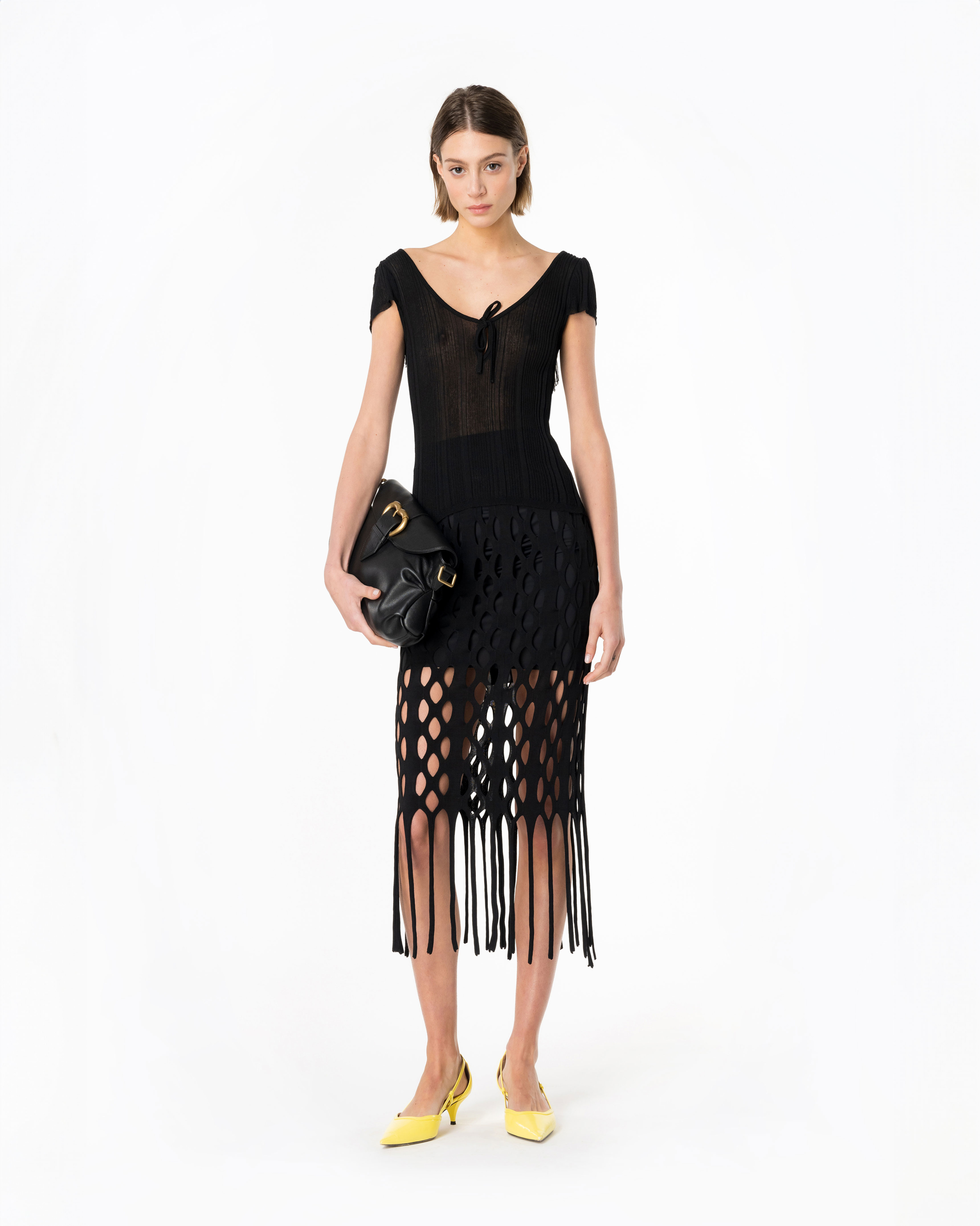 Pinko, Falda midi efecto rejilla con flecos, Negro limusina, L