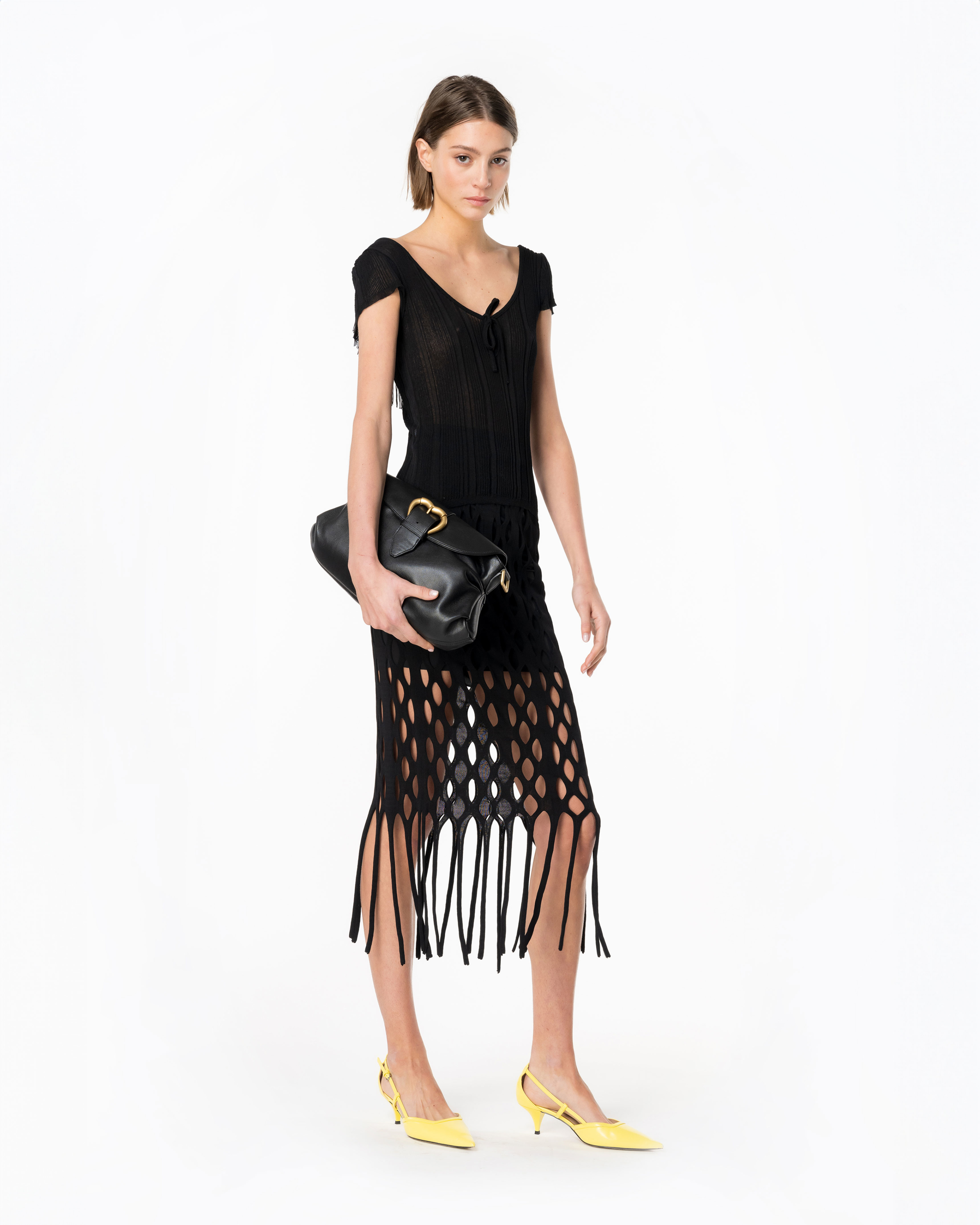 Pinko, Falda midi efecto rejilla con flecos, Negro limusina, L