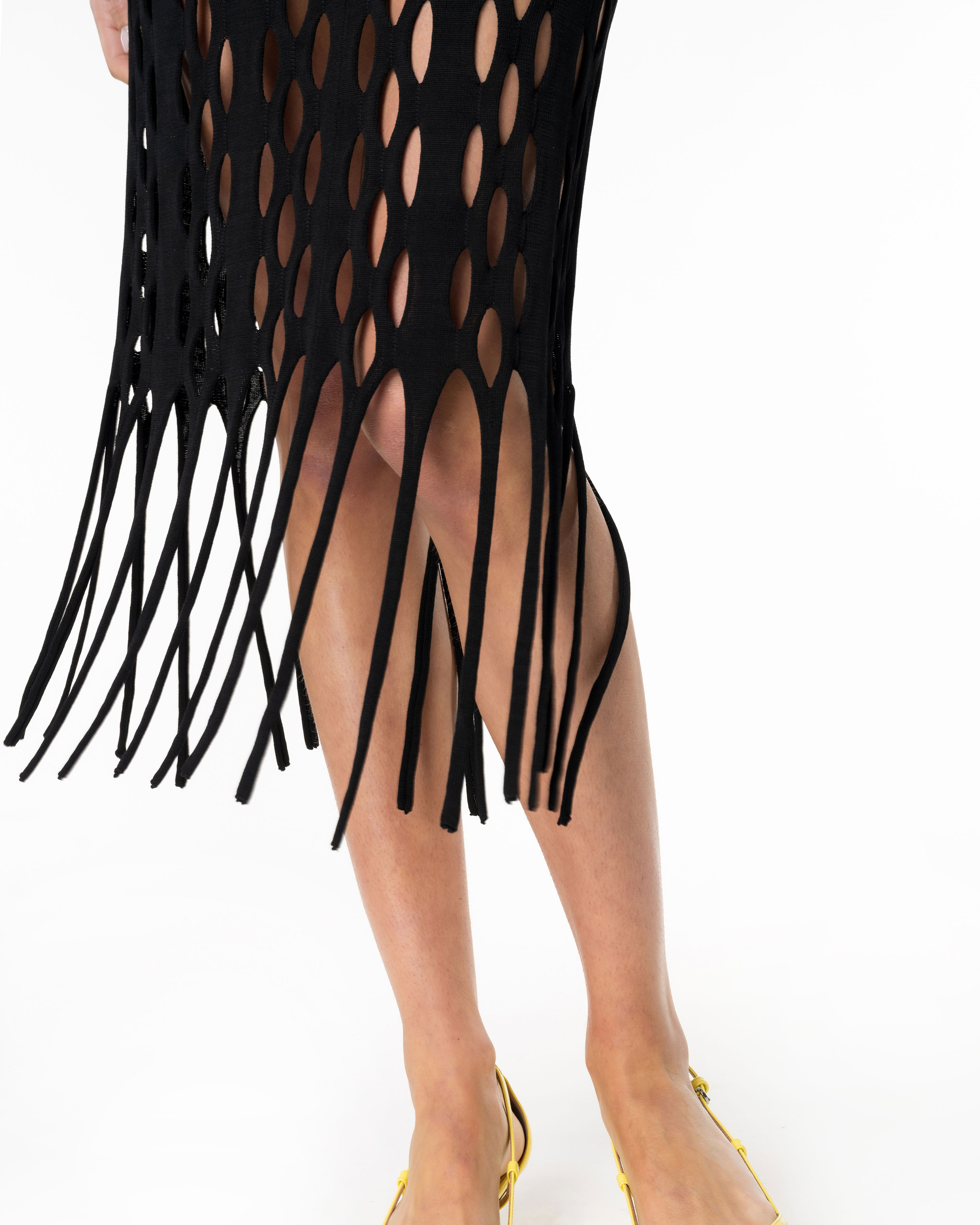 Pinko, Falda midi efecto rejilla con flecos, Negro limusina, L