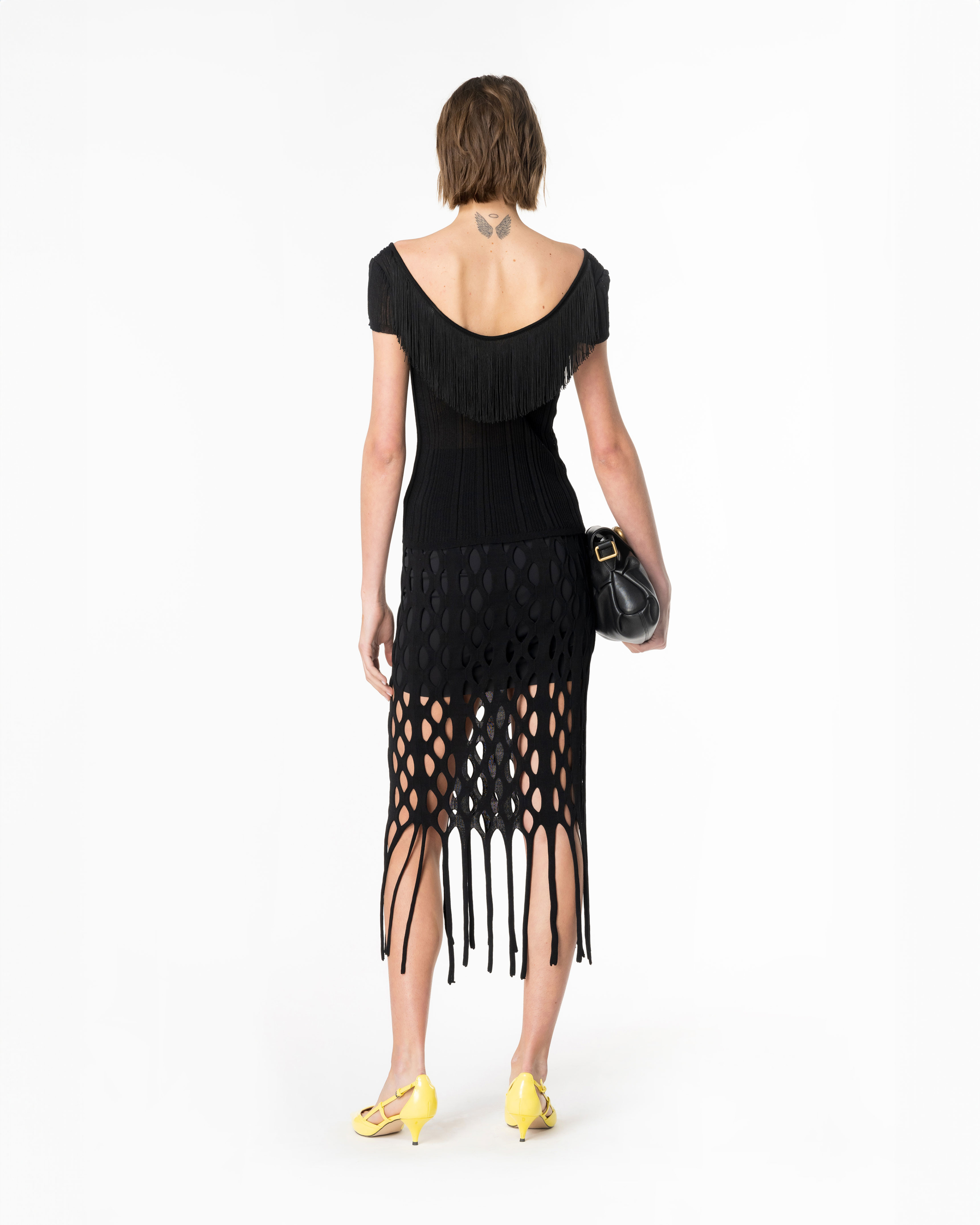 Pinko, Falda midi efecto rejilla con flecos, Negro limusina, L