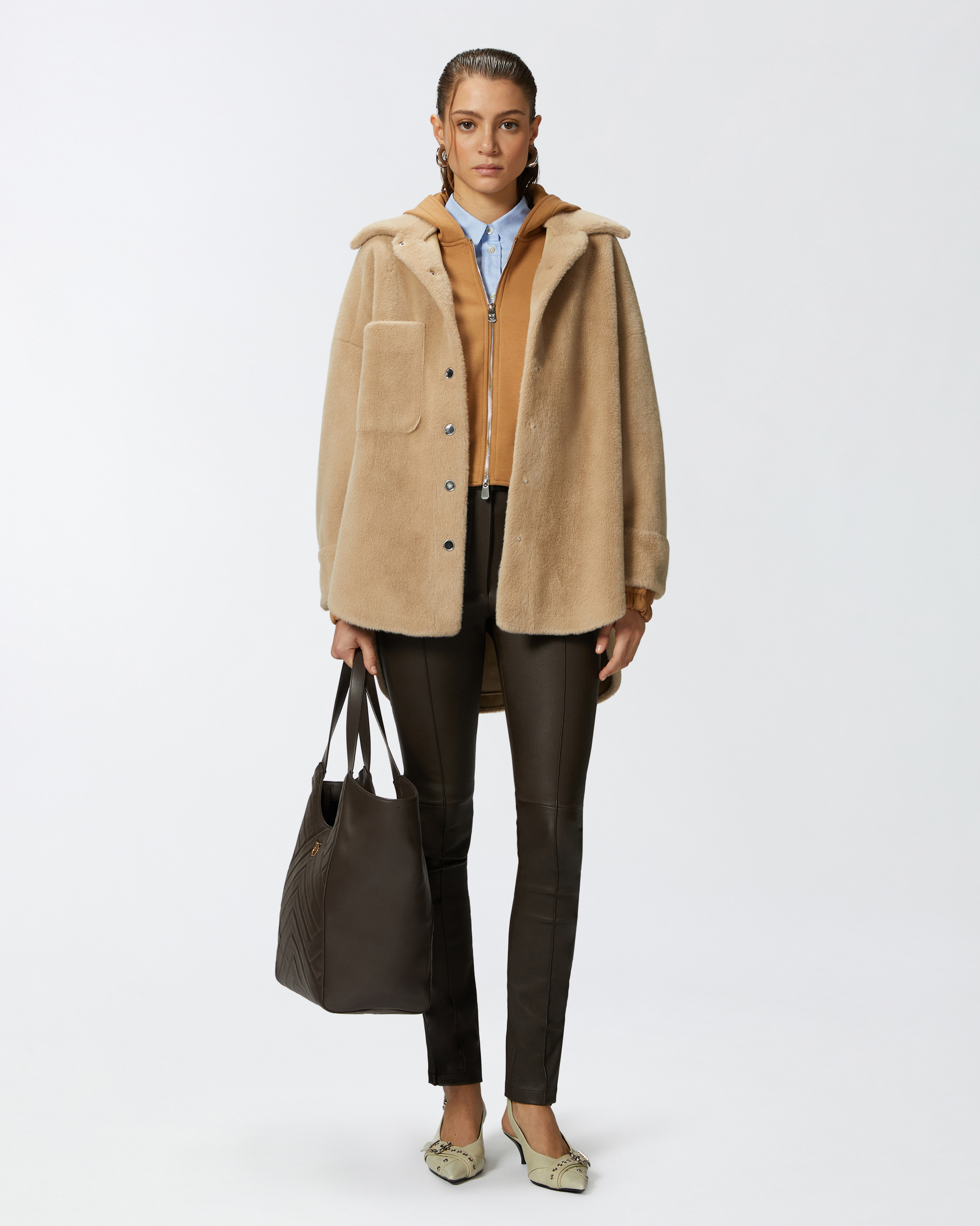 Pinko, Soft sheepskin-effect shacket, Nomade beige, XS