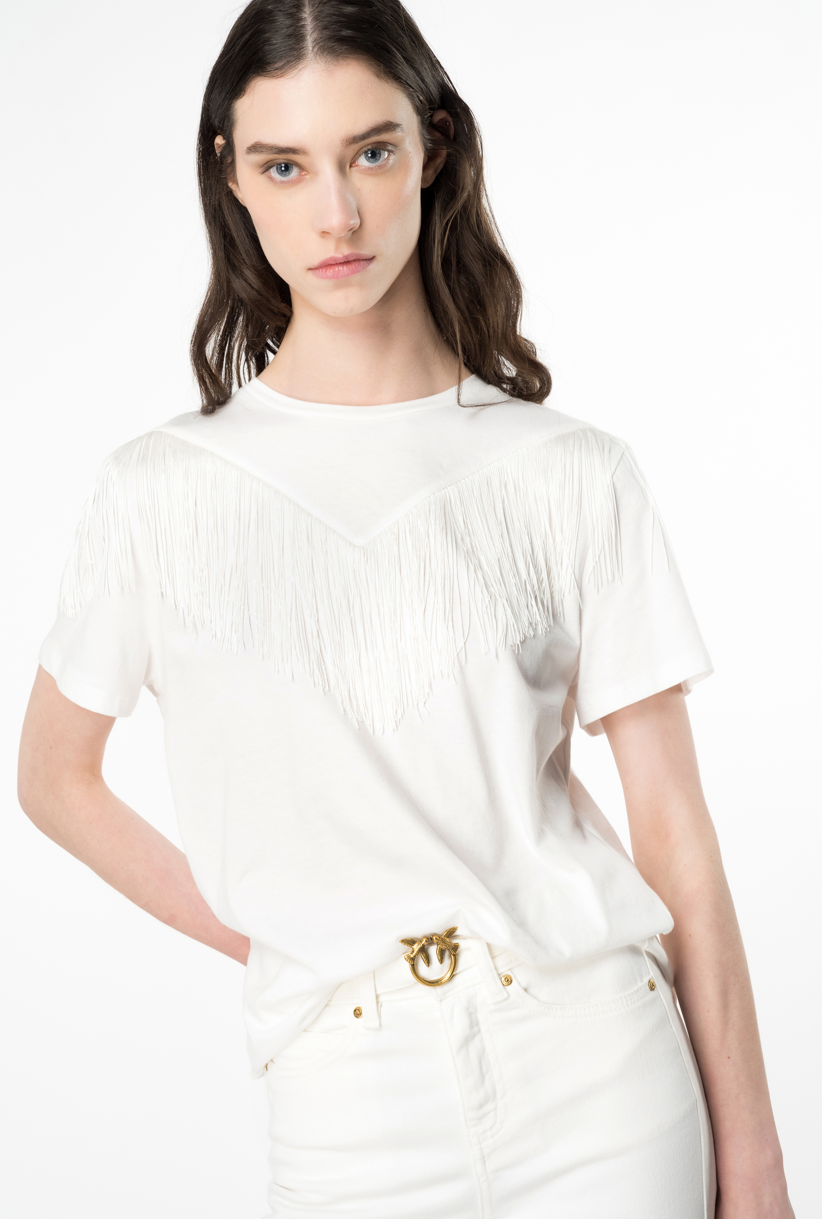 Pinko, T-shirt with fine fringing, Snow white, L