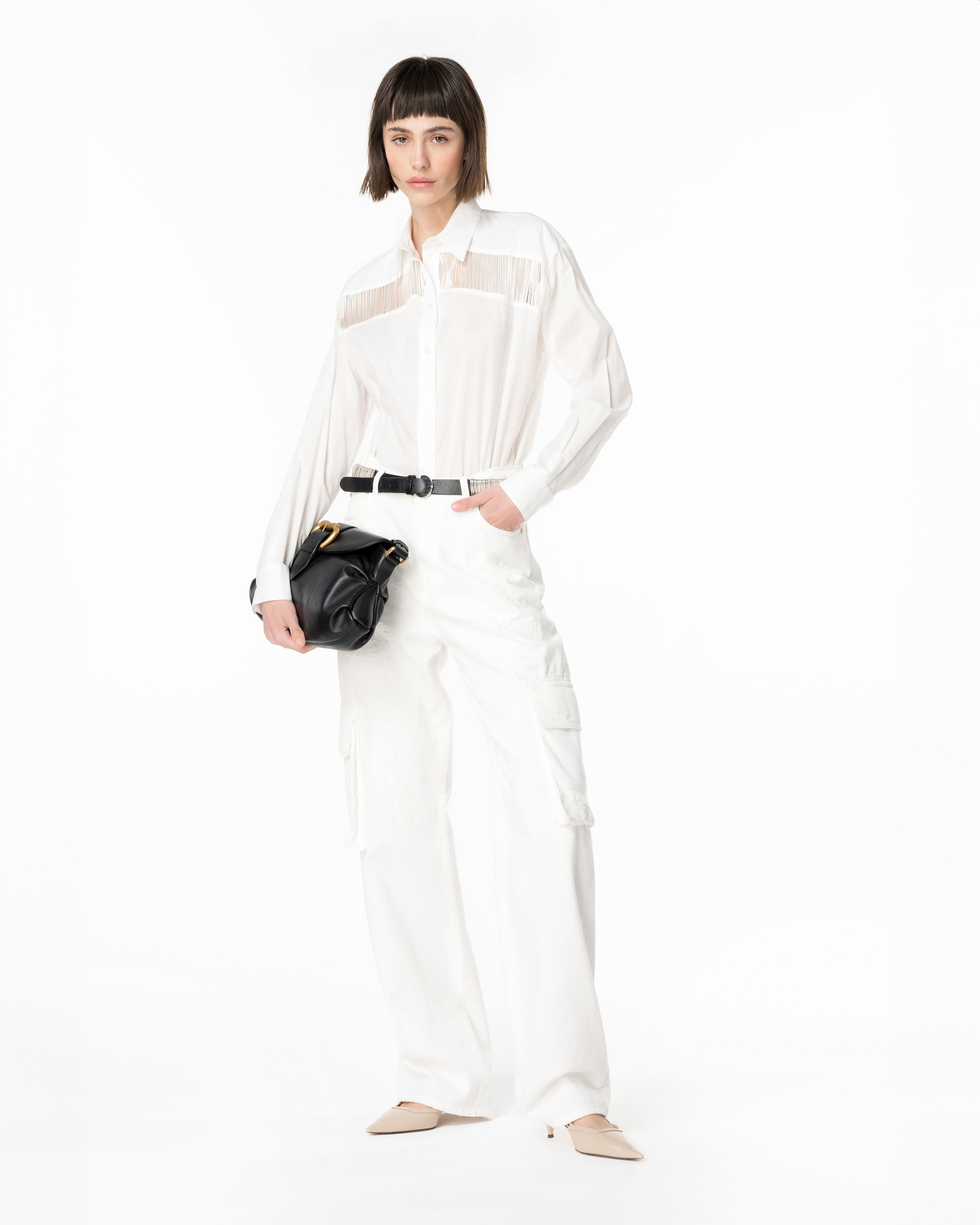 Pinko, Muslin shirt with fringing, Snow white, 36