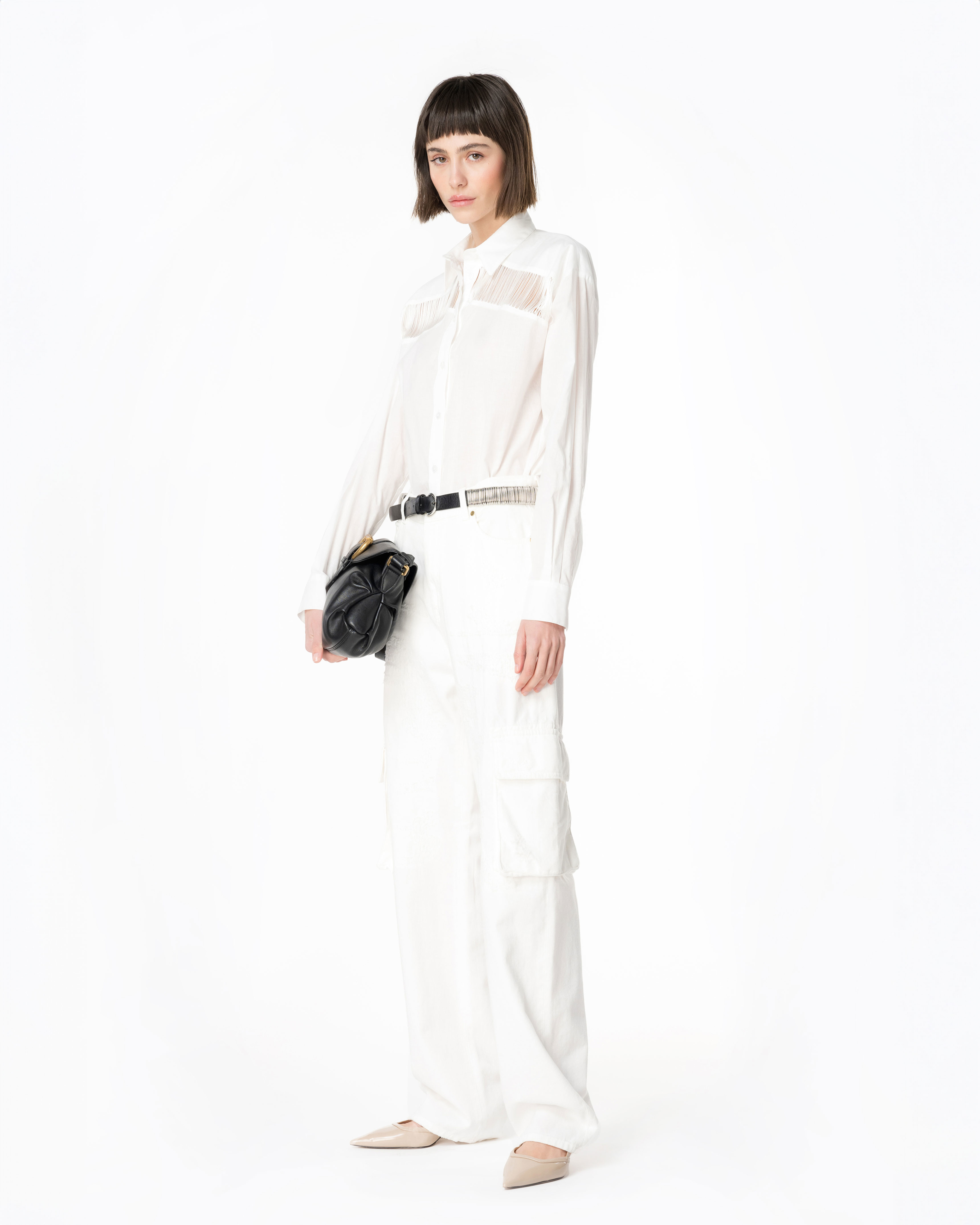 Pinko, Muslin shirt with fringing, Snow white, 36