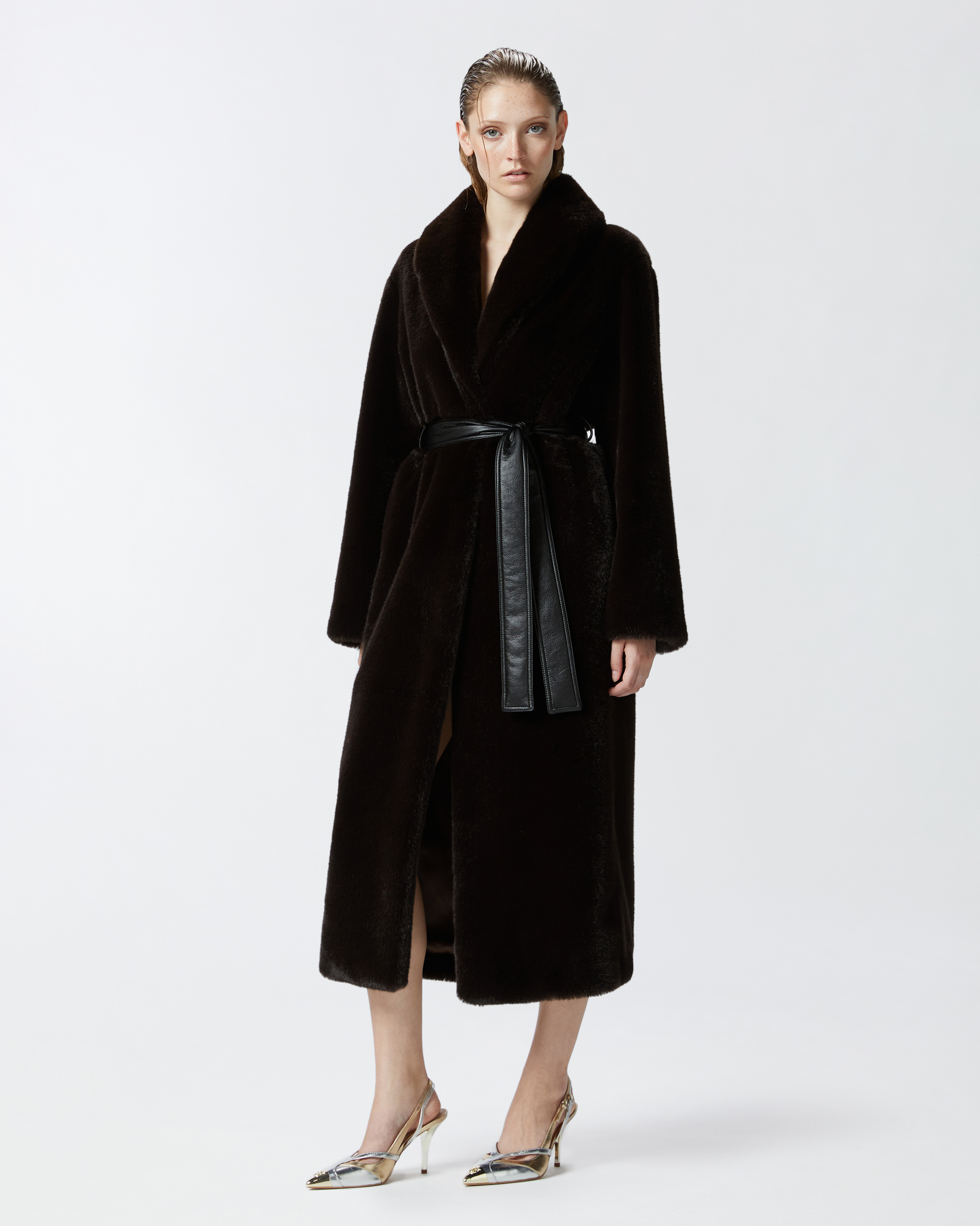 Pinko, Long faux fur coat with belt, Brown, 36