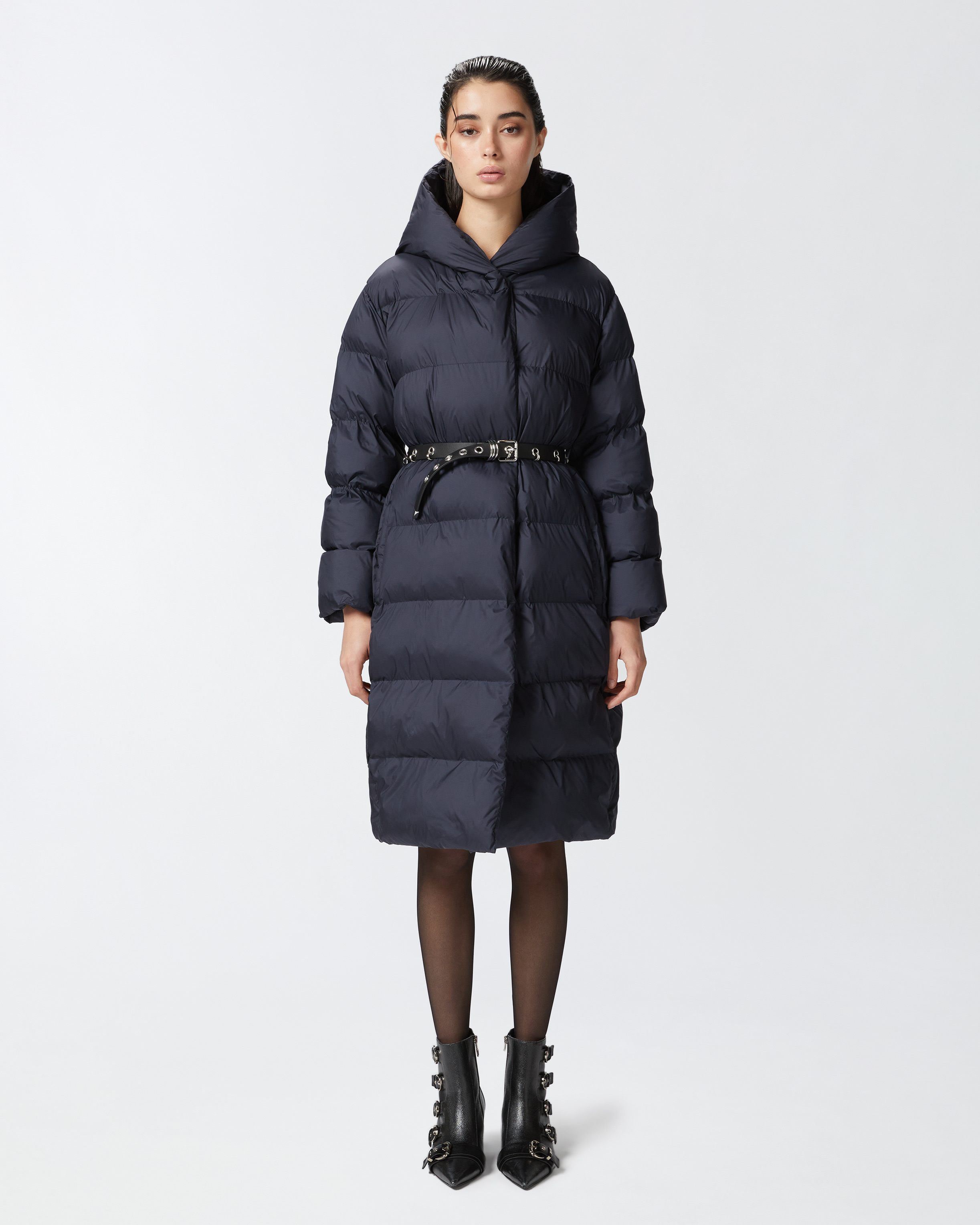 Pinko, Padded technical canvas pea coat with belt, Dark navy blue, 36
