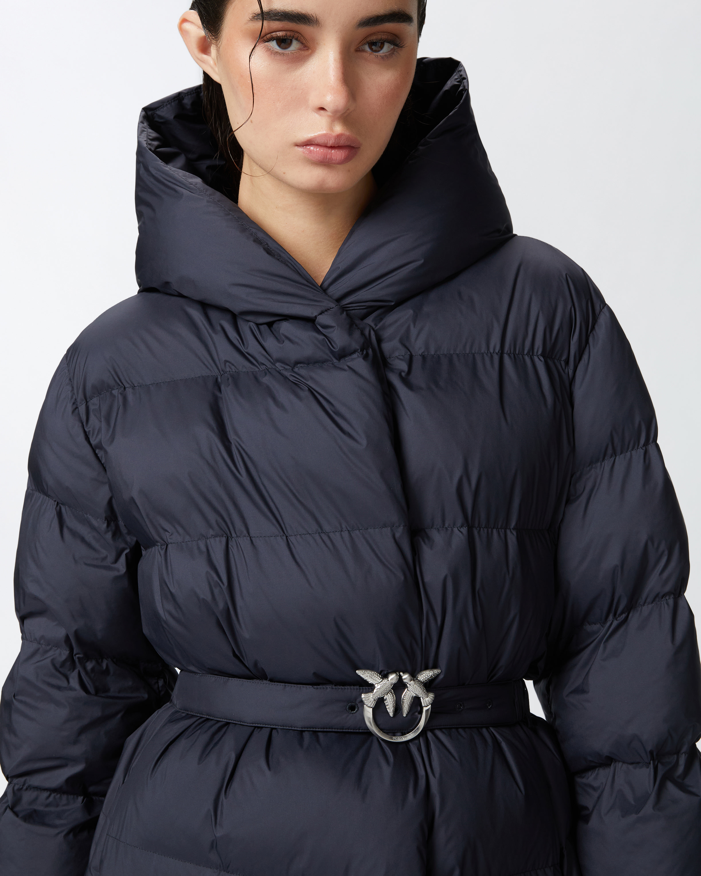 Pinko, Padded technical canvas pea coat with belt, Dark navy blue, 36