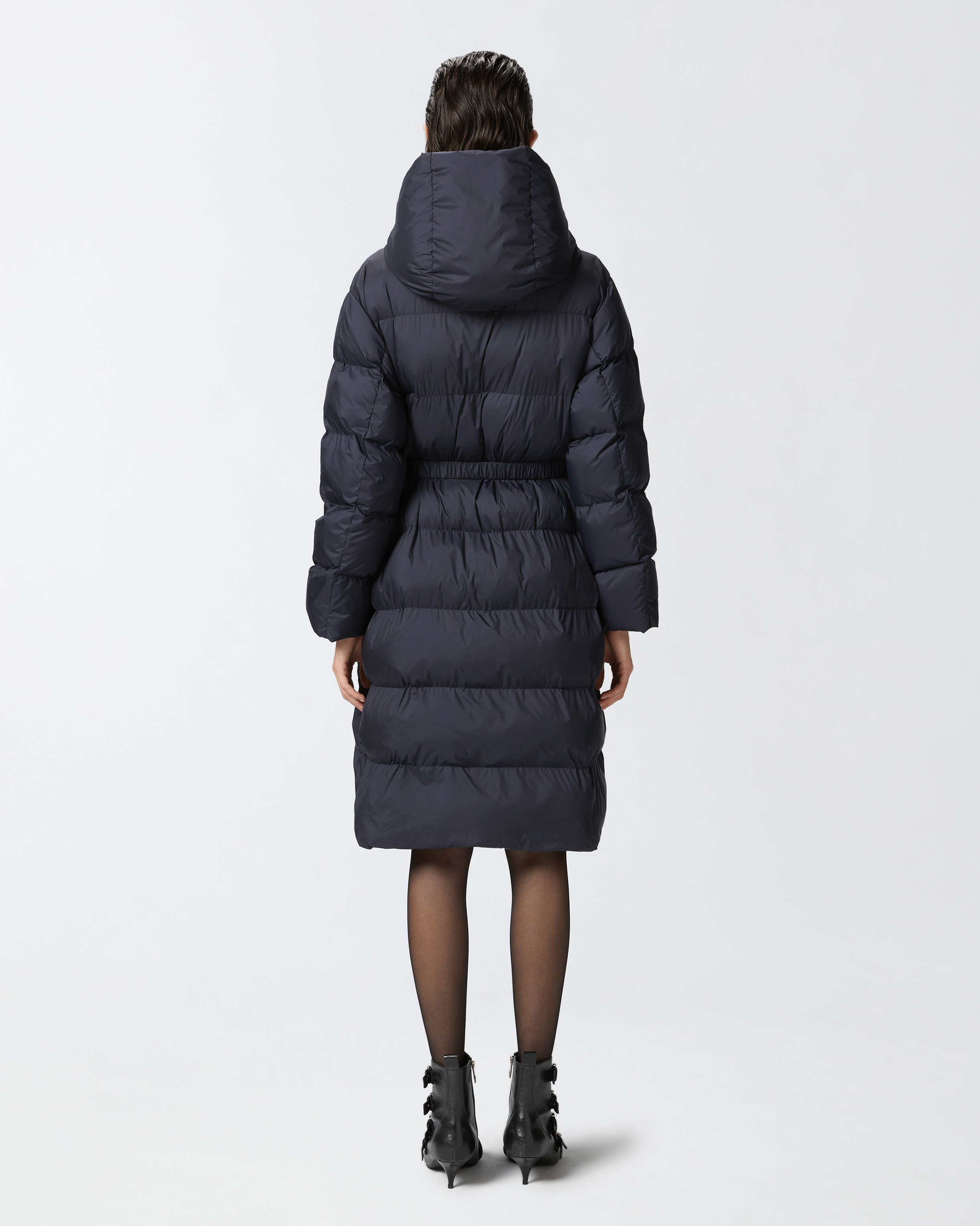 Pinko, Padded technical canvas pea coat with belt, Dark navy blue, 36