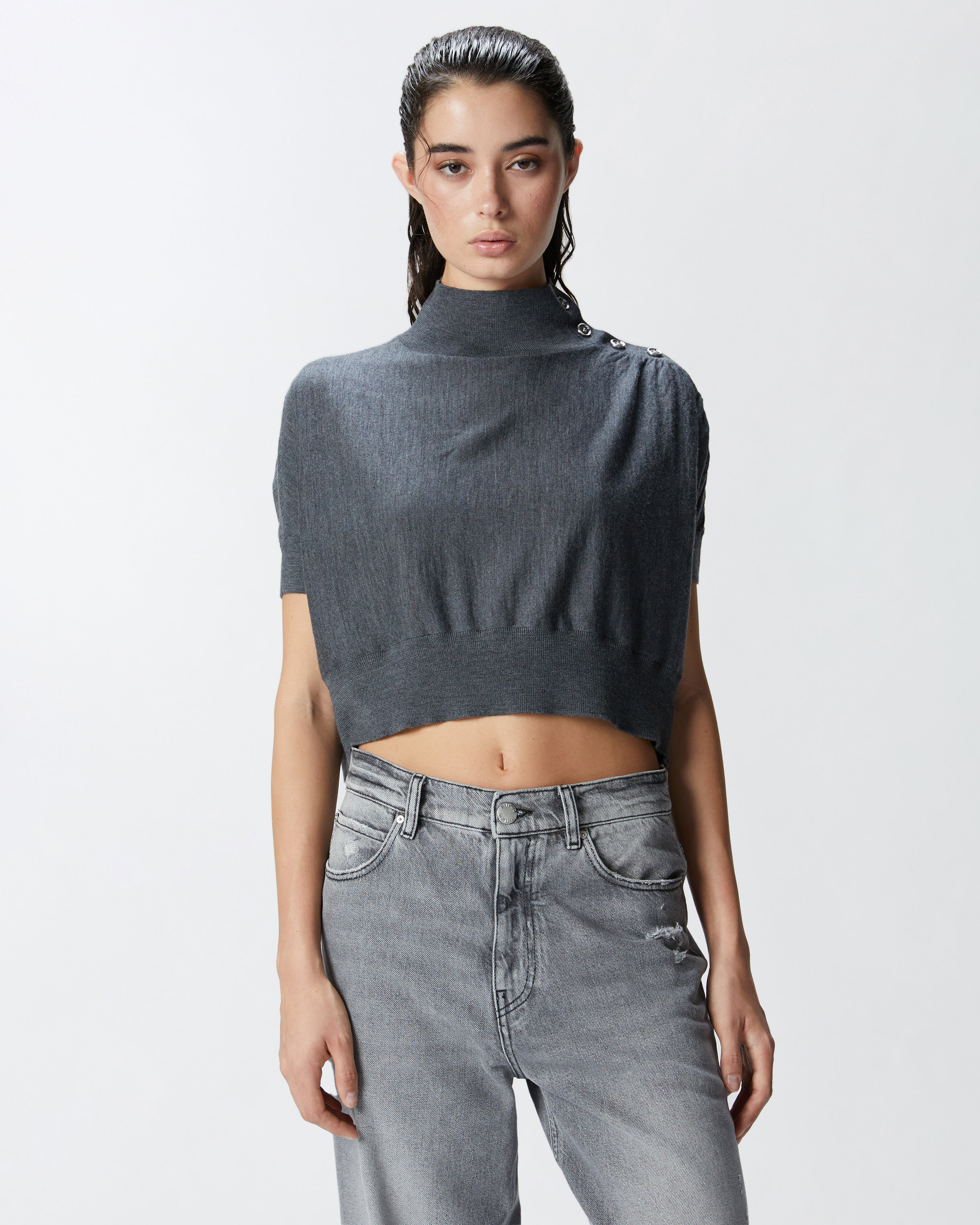 Pinko, Short-sleeved short sweater with buttons, Grey-crow, S