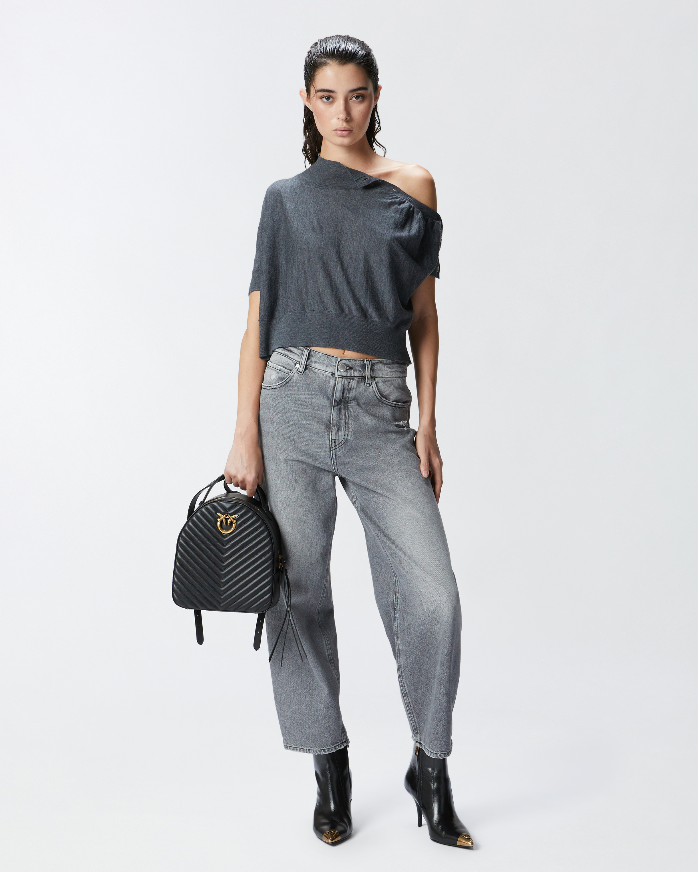 Pinko, Short-sleeved short sweater with buttons, Grey-crow, S