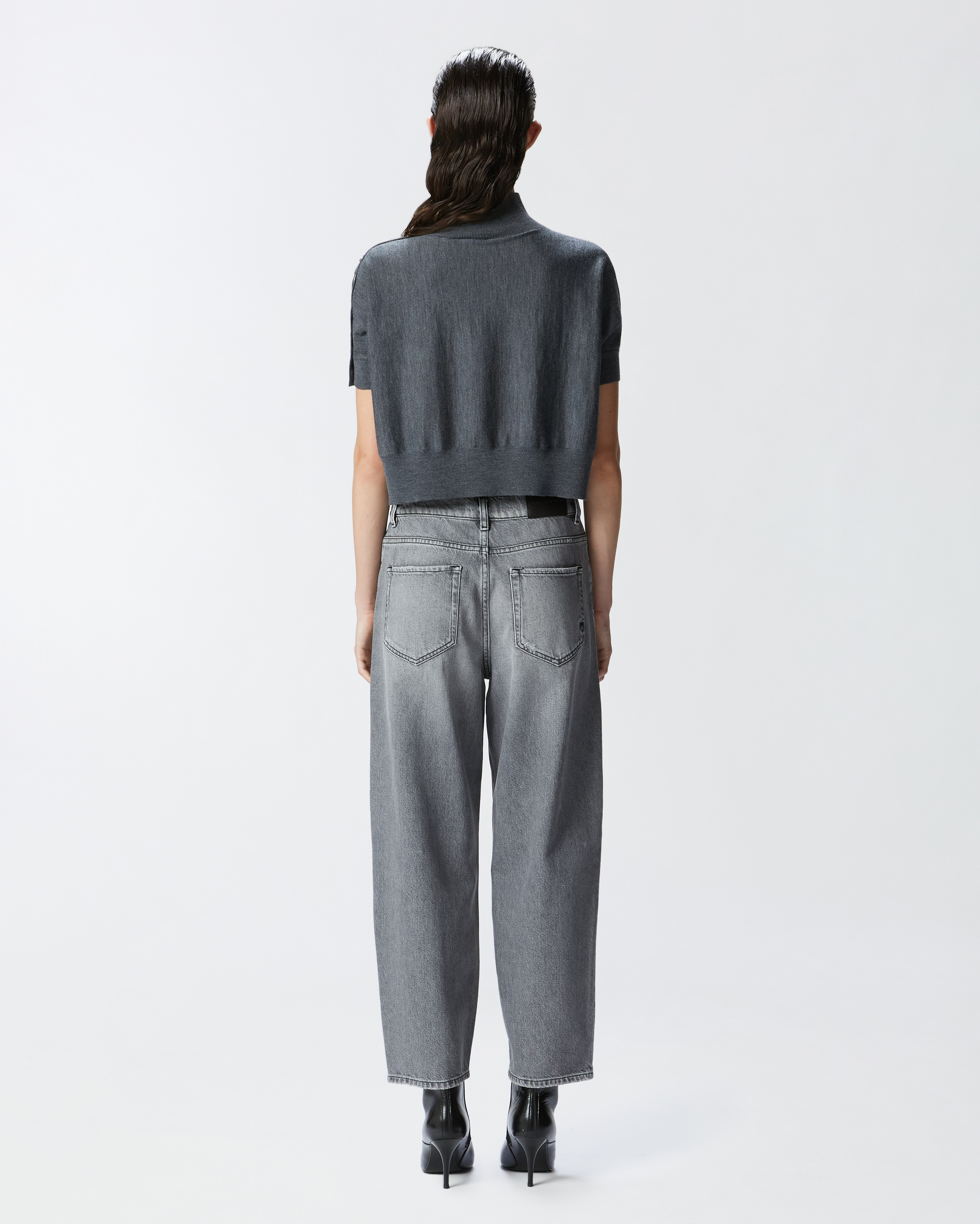 Pinko, Short-sleeved short sweater with buttons, Grey-crow, S