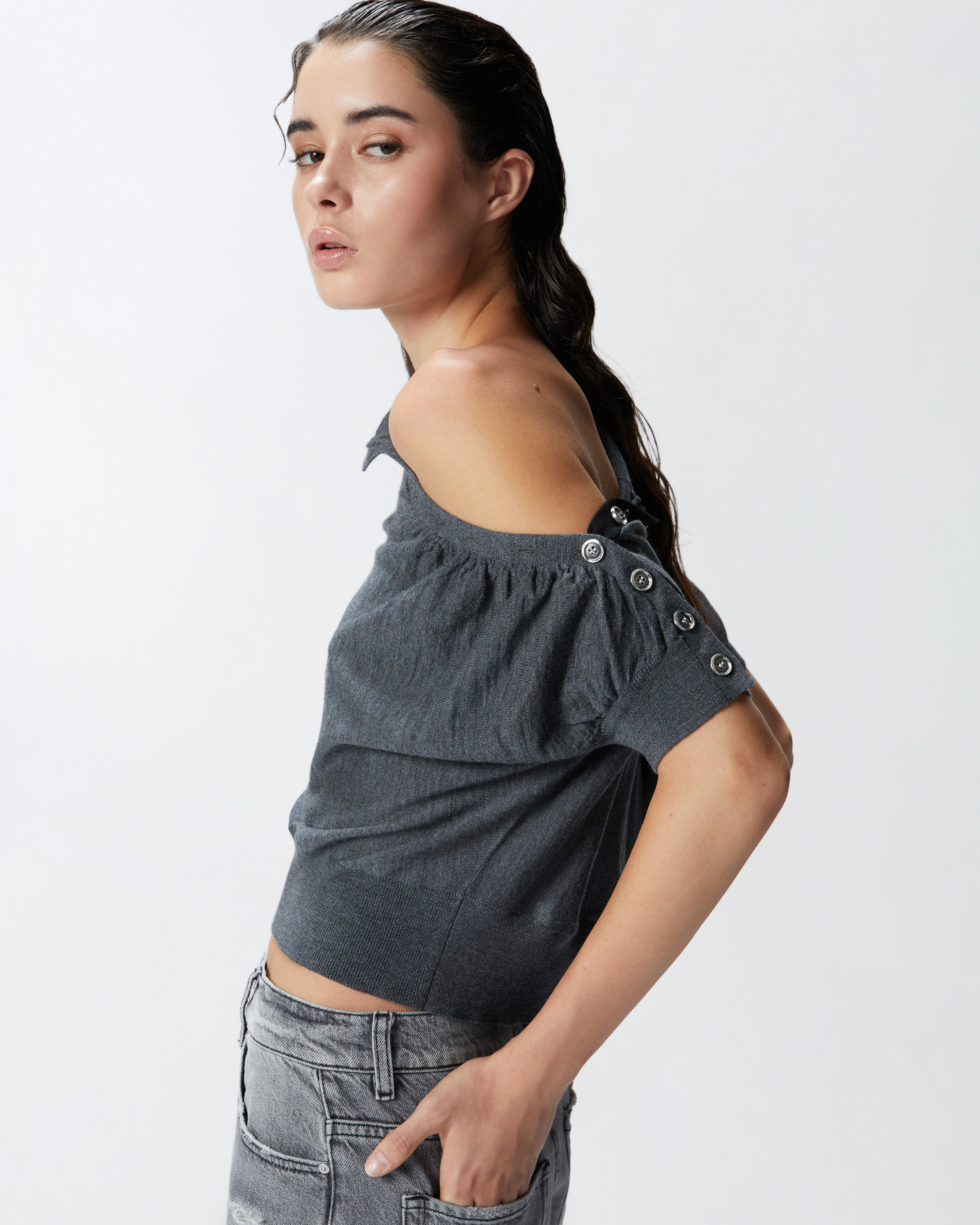 Pinko, Short-sleeved short sweater with buttons, Grey-crow, S