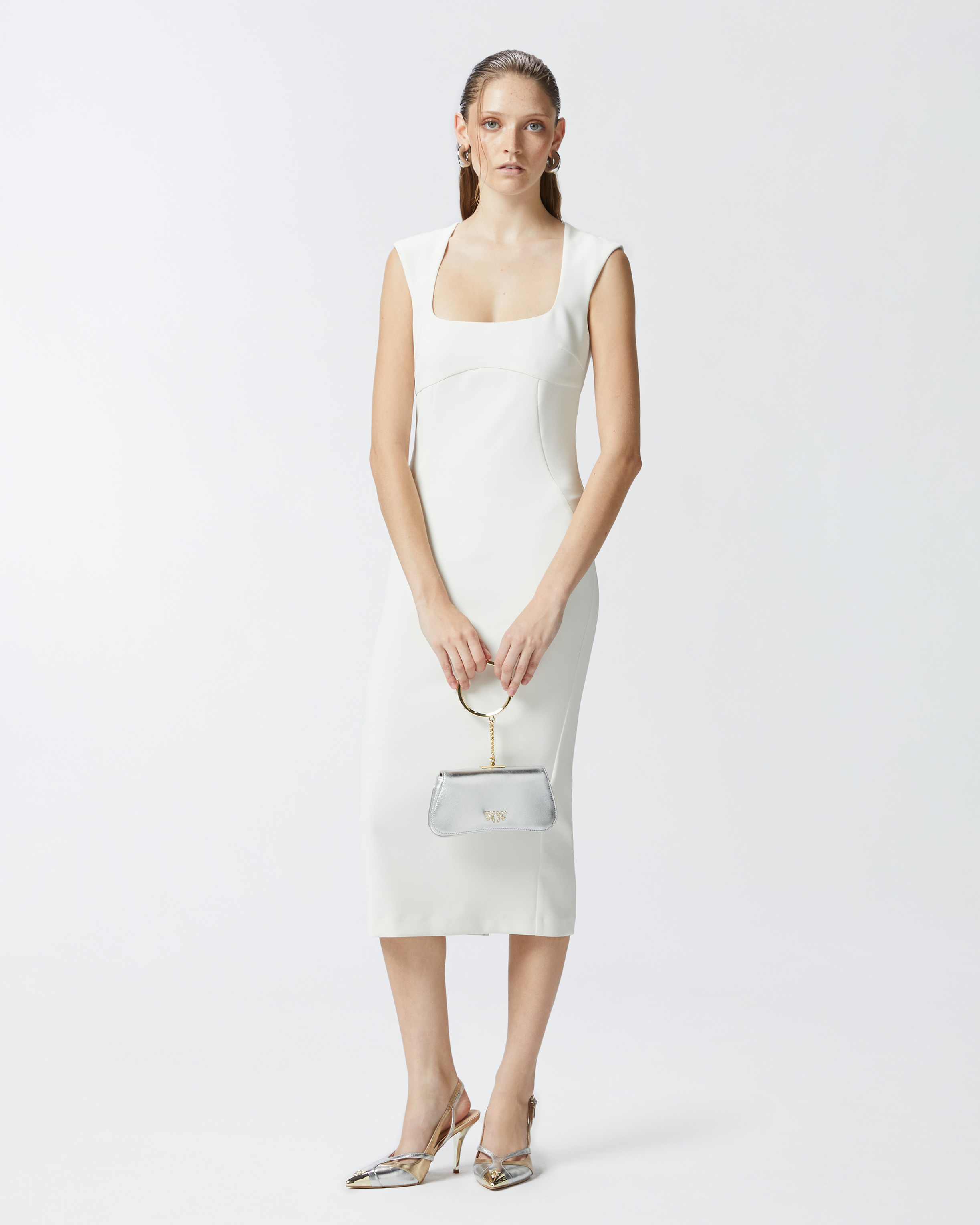 Pinko, Vestido midi de crepé con cremallera, Blanco lirio, 42